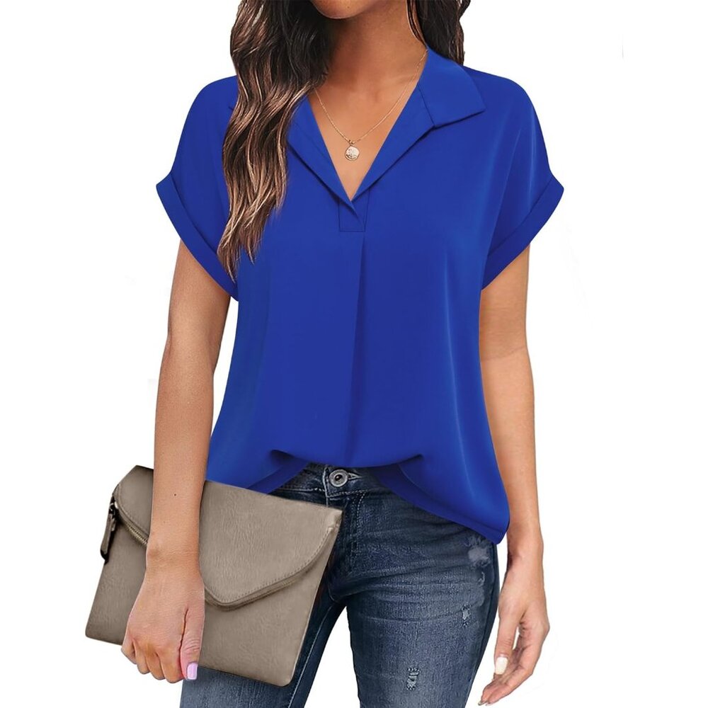 Women Blue Short Sleeve Blouses V Neck Design Business Attire Collared Shirts